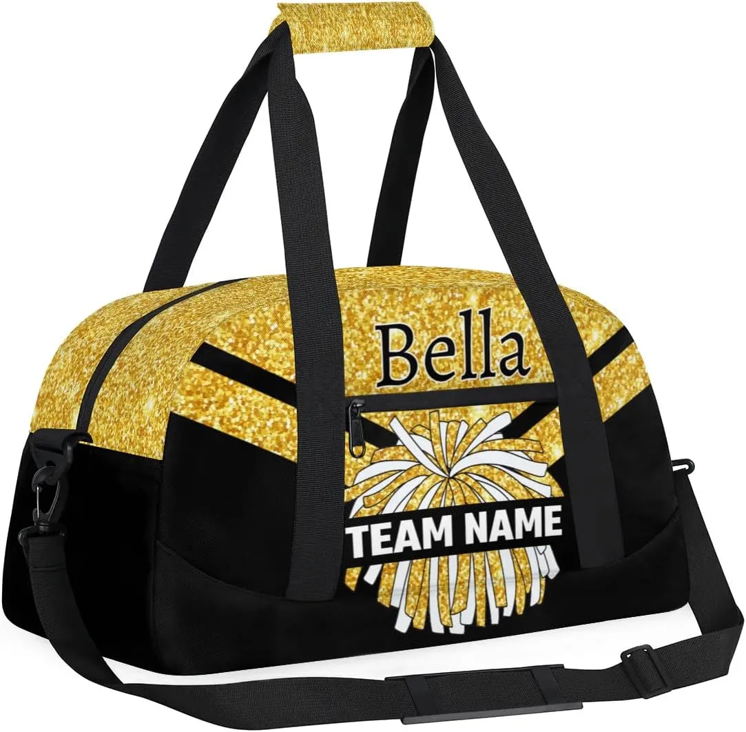 Custom Cheer Sport Bag Gym Duffel Bags Personalized Cheerleadr Bag with Team Name, Customize Travel Duffle Bags, Overnight Weekender Bag Cheerleading Gifts, Gold Glitter Sparkle Bling