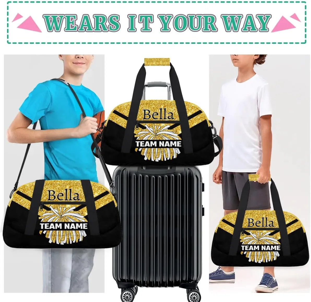 Custom Cheer Sport Bag Gym Duffel Bags Personalized Cheerleadr Bag with Team Name, Customize Travel Duffle Bags, Overnight Weekender Bag Cheerleading Gifts, Gold Glitter Sparkle Bling
