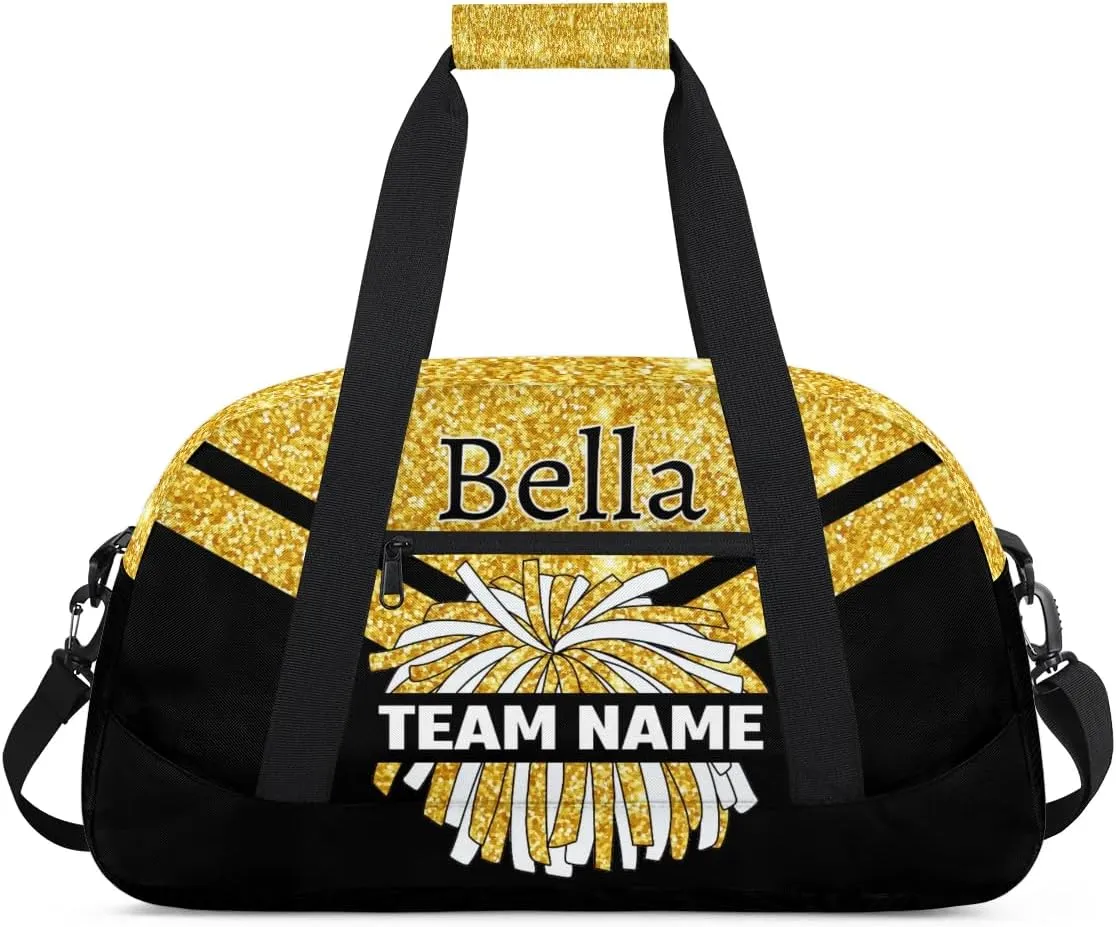 Custom Cheer Sport Bag Gym Duffel Bags Personalized Cheerleadr Bag with Team Name, Customize Travel Duffle Bags, Overnight Weekender Bag Cheerleading Gifts, Gold Glitter Sparkle Bling