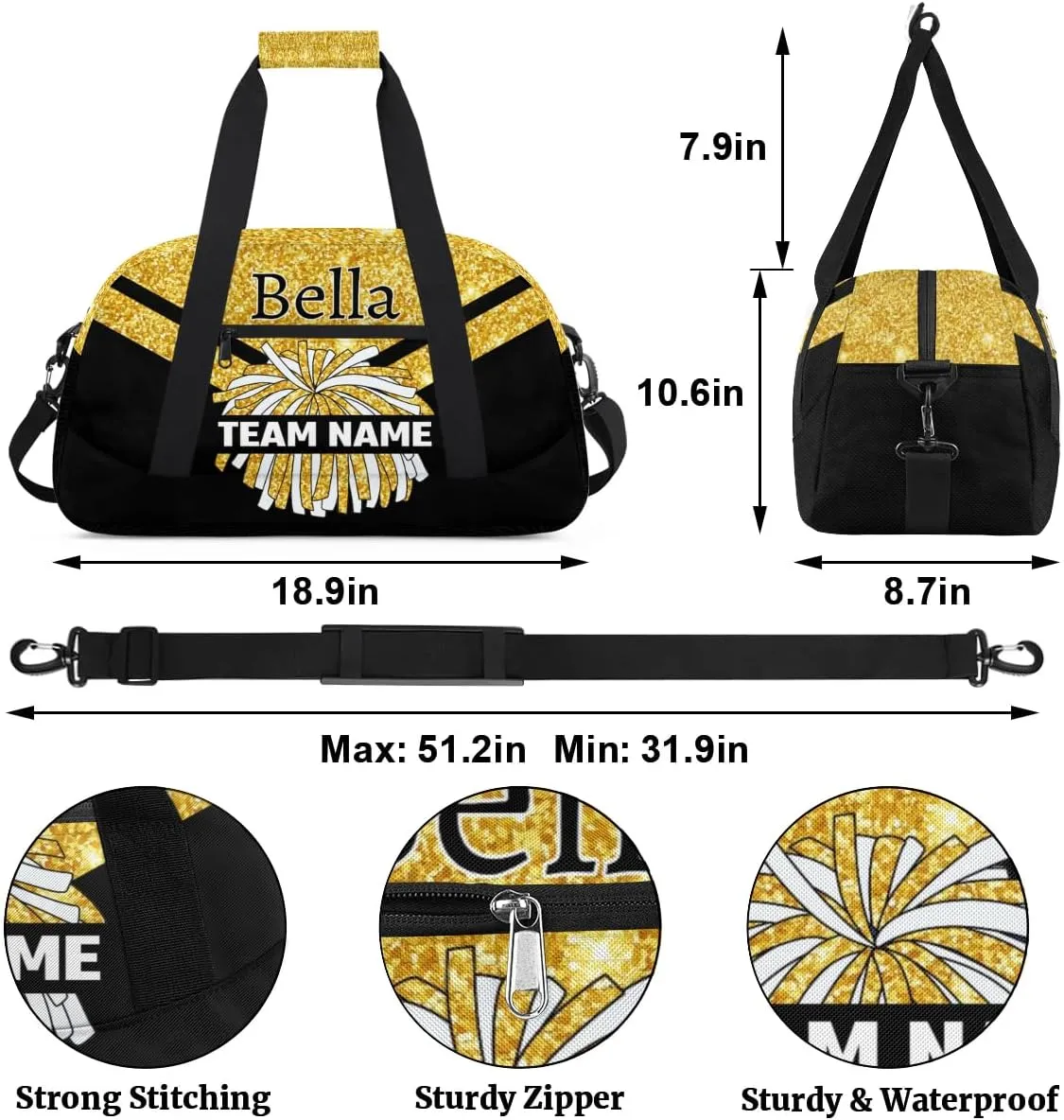Custom Cheer Sport Bag Gym Duffel Bags Personalized Cheerleadr Bag with Team Name, Customize Travel Duffle Bags, Overnight Weekender Bag Cheerleading Gifts, Gold Glitter Sparkle Bling