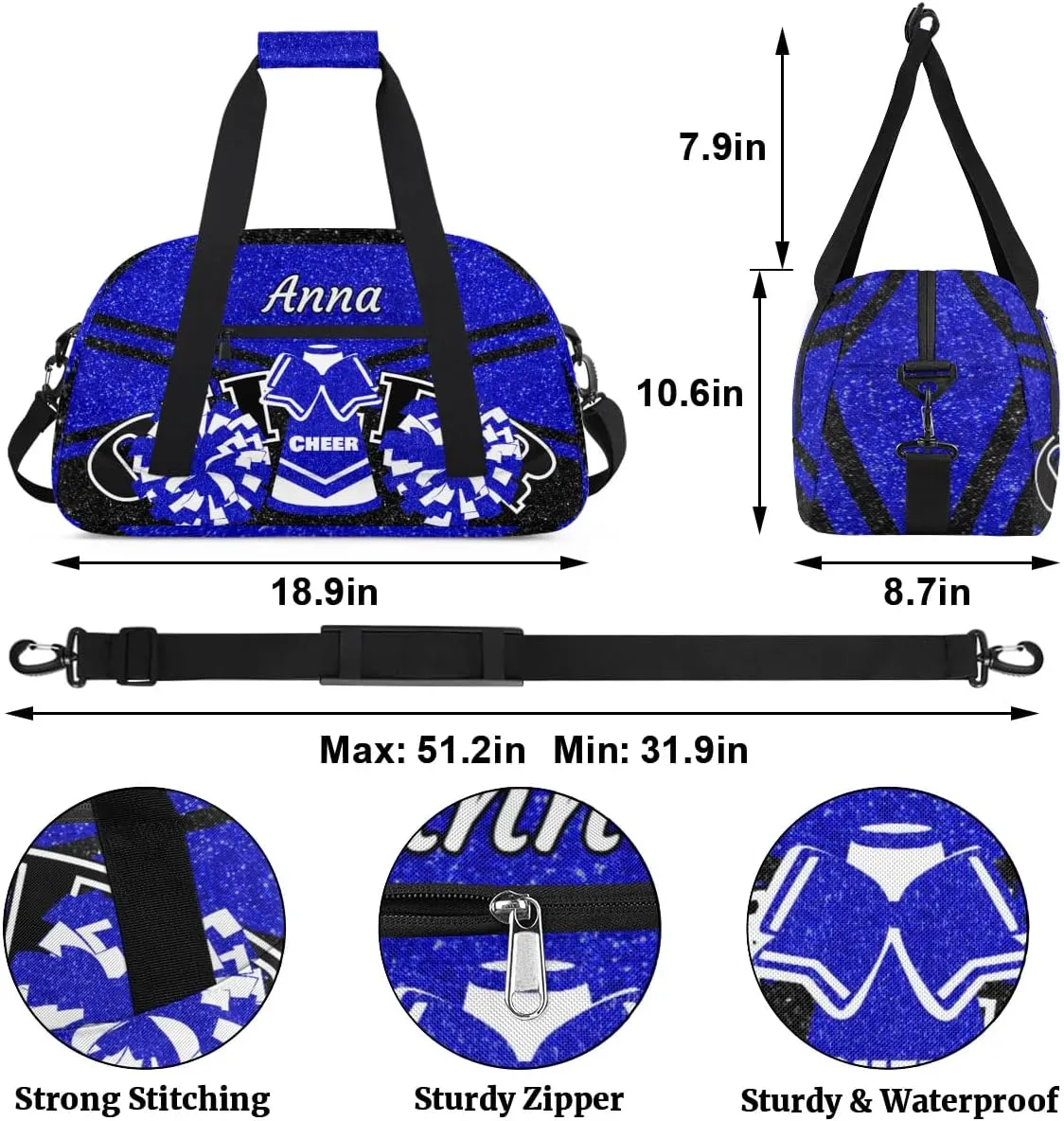 Custom Cheer Sport Gym Bags, Personalized Name Overnight Duffel Bags for Boys Girls Weekender Bag Dance Travel Tote Bags, Glitter Navy Blue