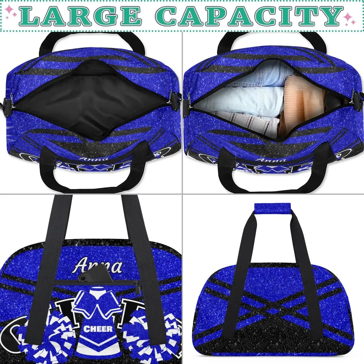 Custom Cheer Sport Gym Bags, Personalized Name Overnight Duffel Bags for Boys Girls Weekender Bag Dance Travel Tote Bags, Glitter Navy Blue