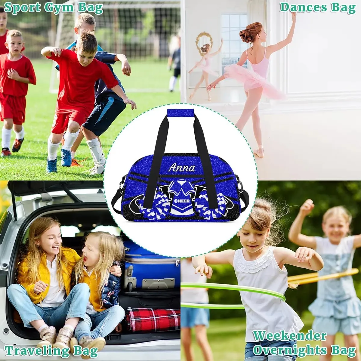 Custom Cheer Sport Gym Bags, Personalized Name Overnight Duffel Bags for Boys Girls Weekender Bag Dance Travel Tote Bags, Glitter Navy Blue