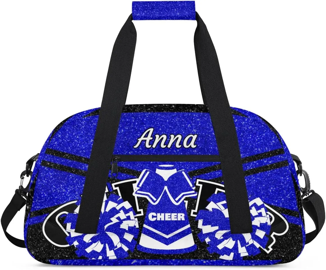 Custom Cheer Sport Gym Bags, Personalized Name Overnight Duffel Bags for Boys Girls Weekender Bag Dance Travel Tote Bags, Glitter Navy Blue