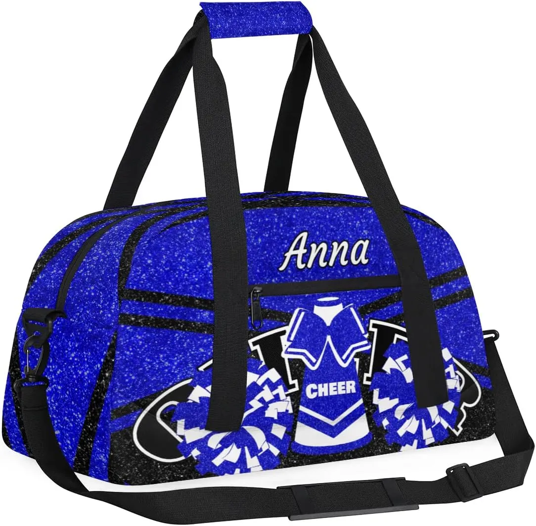 Custom Cheer Sport Gym Bags, Personalized Name Overnight Duffel Bags for Boys Girls Weekender Bag Dance Travel Tote Bags, Glitter Navy Blue