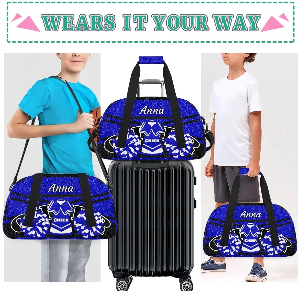 Custom Cheer Sport Gym Bags, Personalized Name Overnight Duffel Bags for Boys Girls Weekender Bag Dance Travel Tote Bags, Glitter Navy Blue