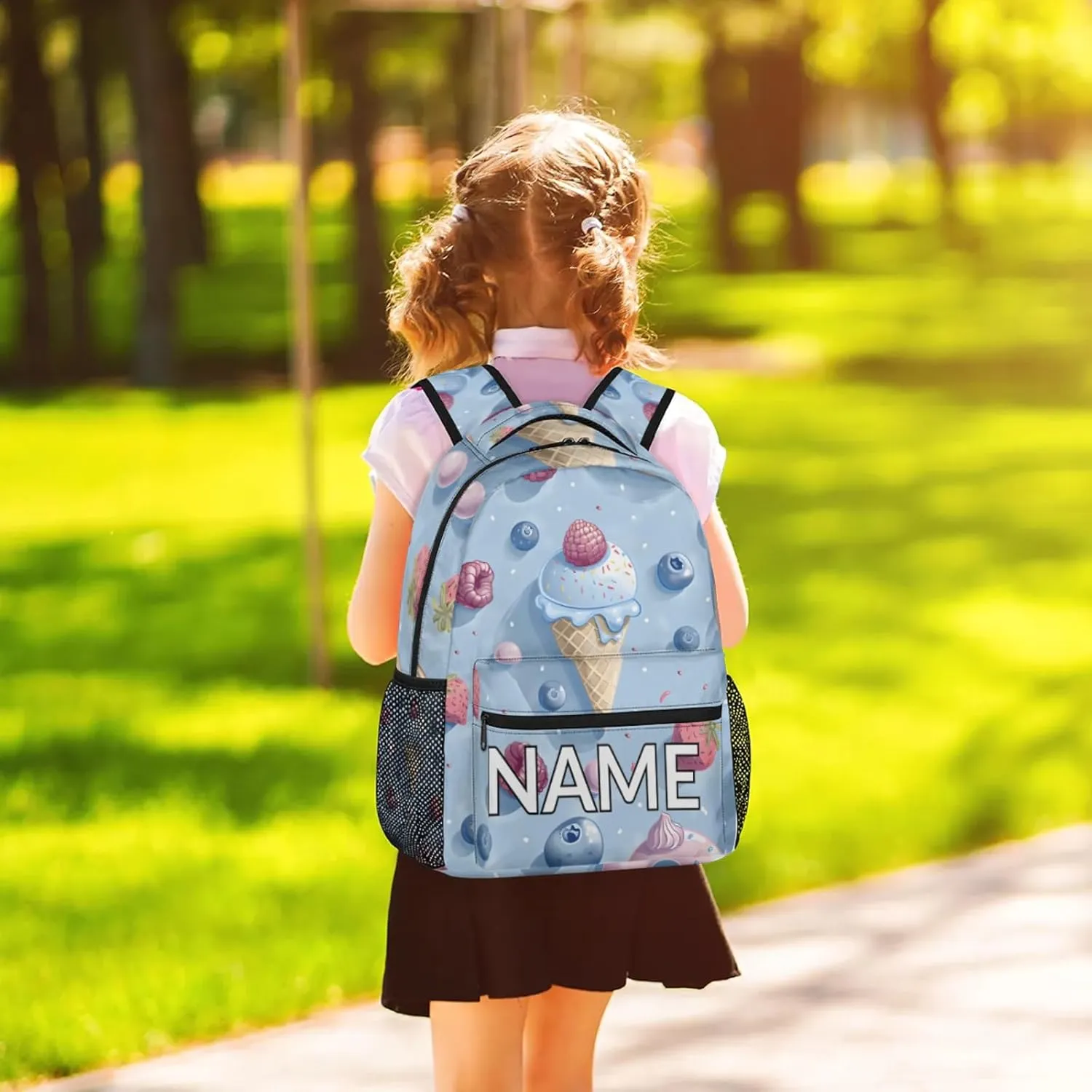 Custom Cute Ice Cream Backpack with Name Personalized Waterproof Casual Daypack Colorful Sweet Customize Laptop Backpacks for Women Men