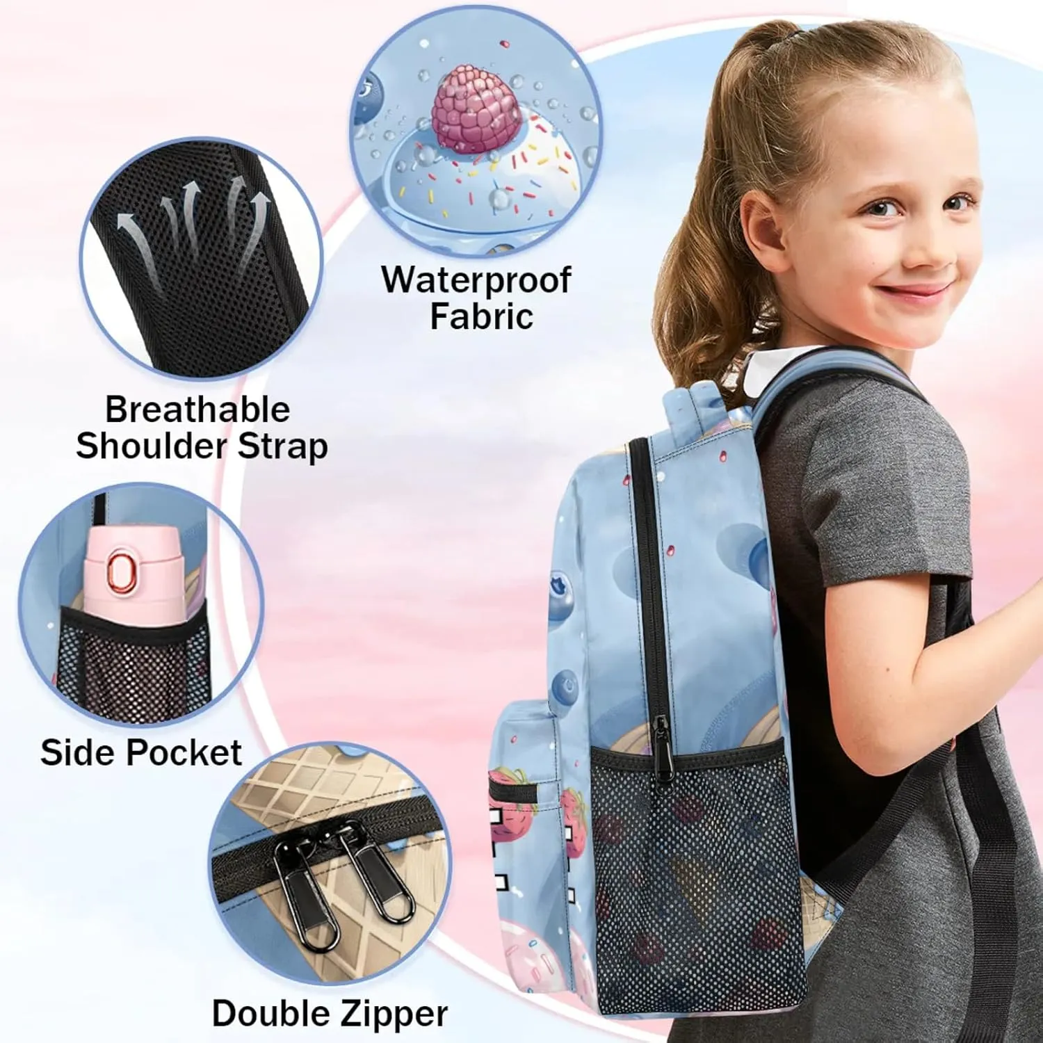 Custom Cute Ice Cream Backpack with Name Personalized Waterproof Casual Daypack Colorful Sweet Customize Laptop Backpacks for Women Men