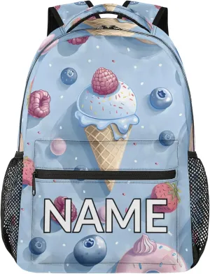 Custom Cute Ice Cream Backpack with Name Personalized Waterproof Casual Daypack Colorful Sweet Customize Laptop Backpacks for Women Men