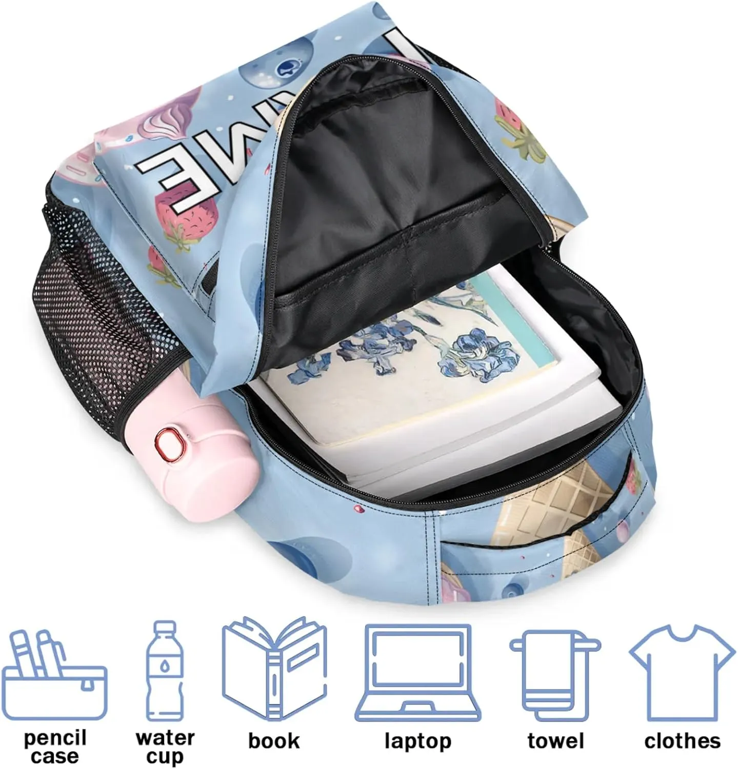 Custom Cute Ice Cream Backpack with Name Personalized Waterproof Casual Daypack Colorful Sweet Customize Laptop Backpacks for Women Men