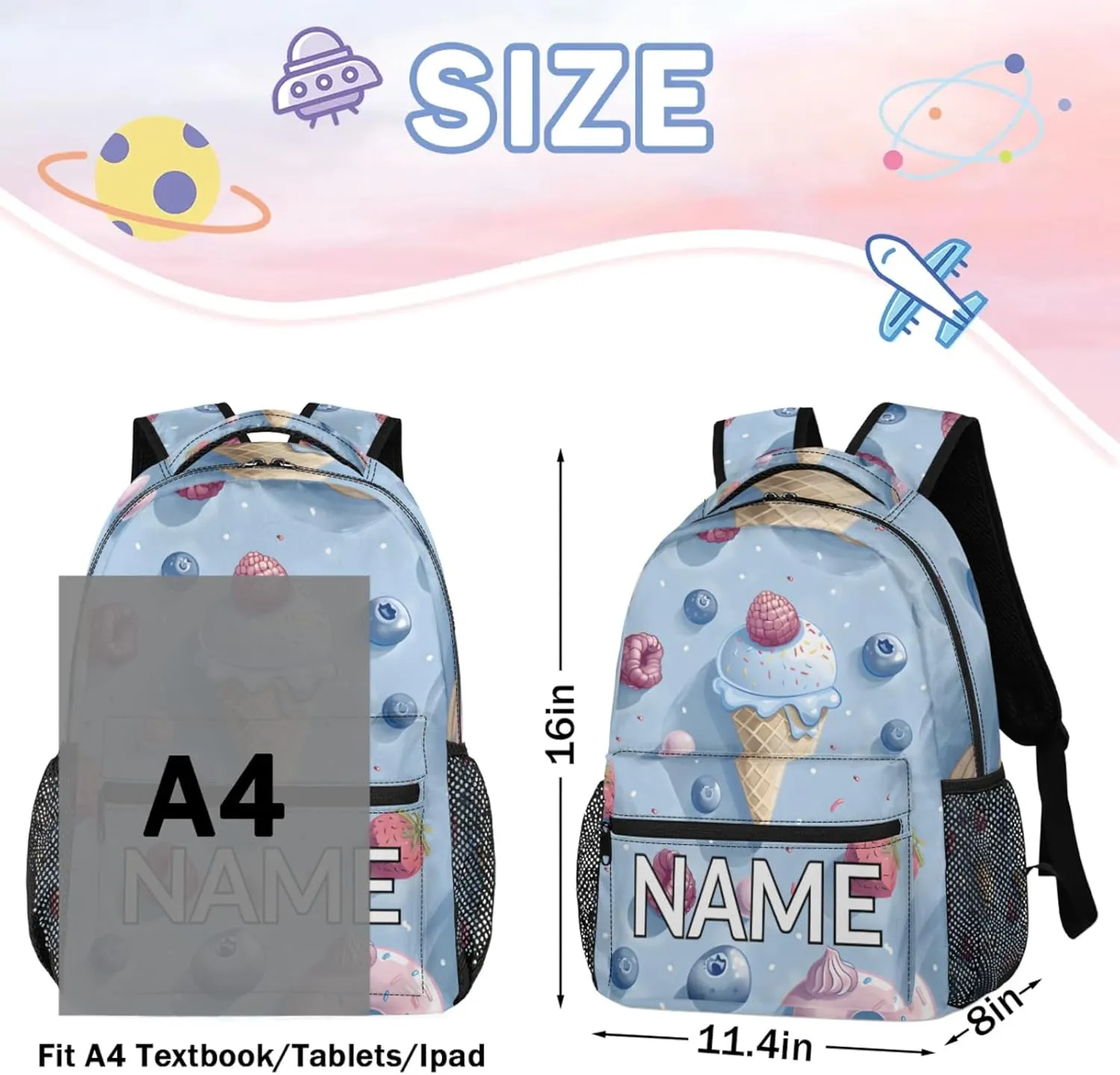 Custom Cute Ice Cream Backpack with Name Personalized Waterproof Casual Daypack Colorful Sweet Customize Laptop Backpacks for Women Men