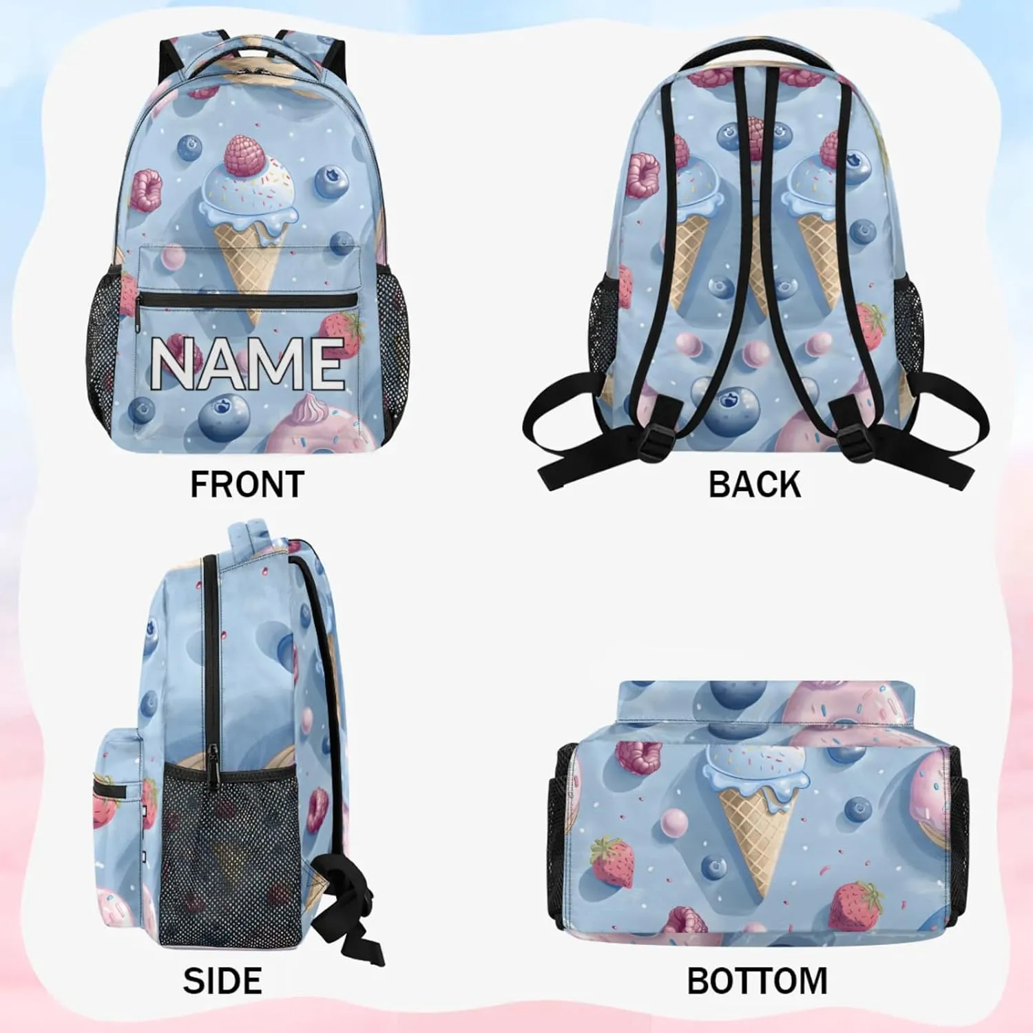 Custom Cute Ice Cream Backpack with Name Personalized Waterproof Casual Daypack Colorful Sweet Customize Laptop Backpacks for Women Men