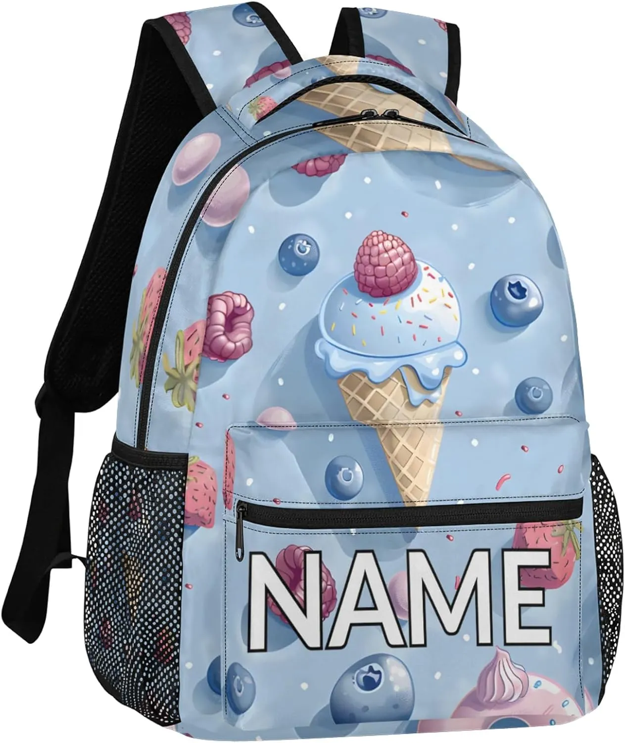 Custom Cute Ice Cream Backpack with Name Personalized Waterproof Casual Daypack Colorful Sweet Customize Laptop Backpacks for Women Men