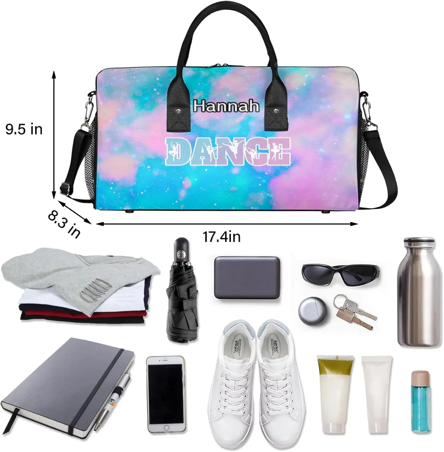 Custom Dance Duffel Bag with Name Personalized Dance Ballet Bags Waterproof Customized Travel Bag Carry-On Tote 17.4in, Blue Pink Glitter