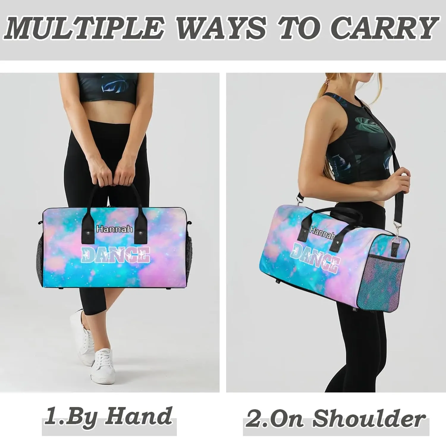 Custom Dance Duffel Bag with Name Personalized Dance Ballet Bags Waterproof Customized Travel Bag Carry-On Tote 17.4in, Blue Pink Glitter