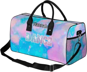 Custom Dance Duffel Bag with Name Personalized Dance Ballet Bags Waterproof Customized Travel Bag Carry-On Tote 17.4in, Blue Pink Glitter