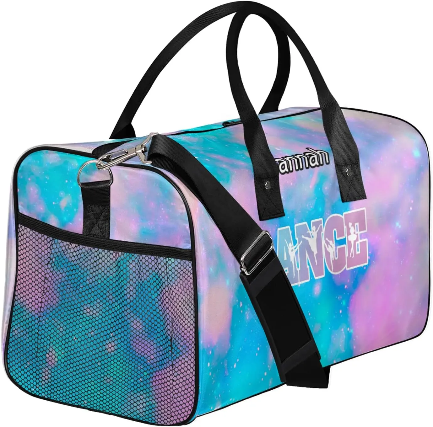 Custom Dance Duffel Bag with Name Personalized Dance Ballet Bags Waterproof Customized Travel Bag Carry-On Tote 17.4in, Blue Pink Glitter