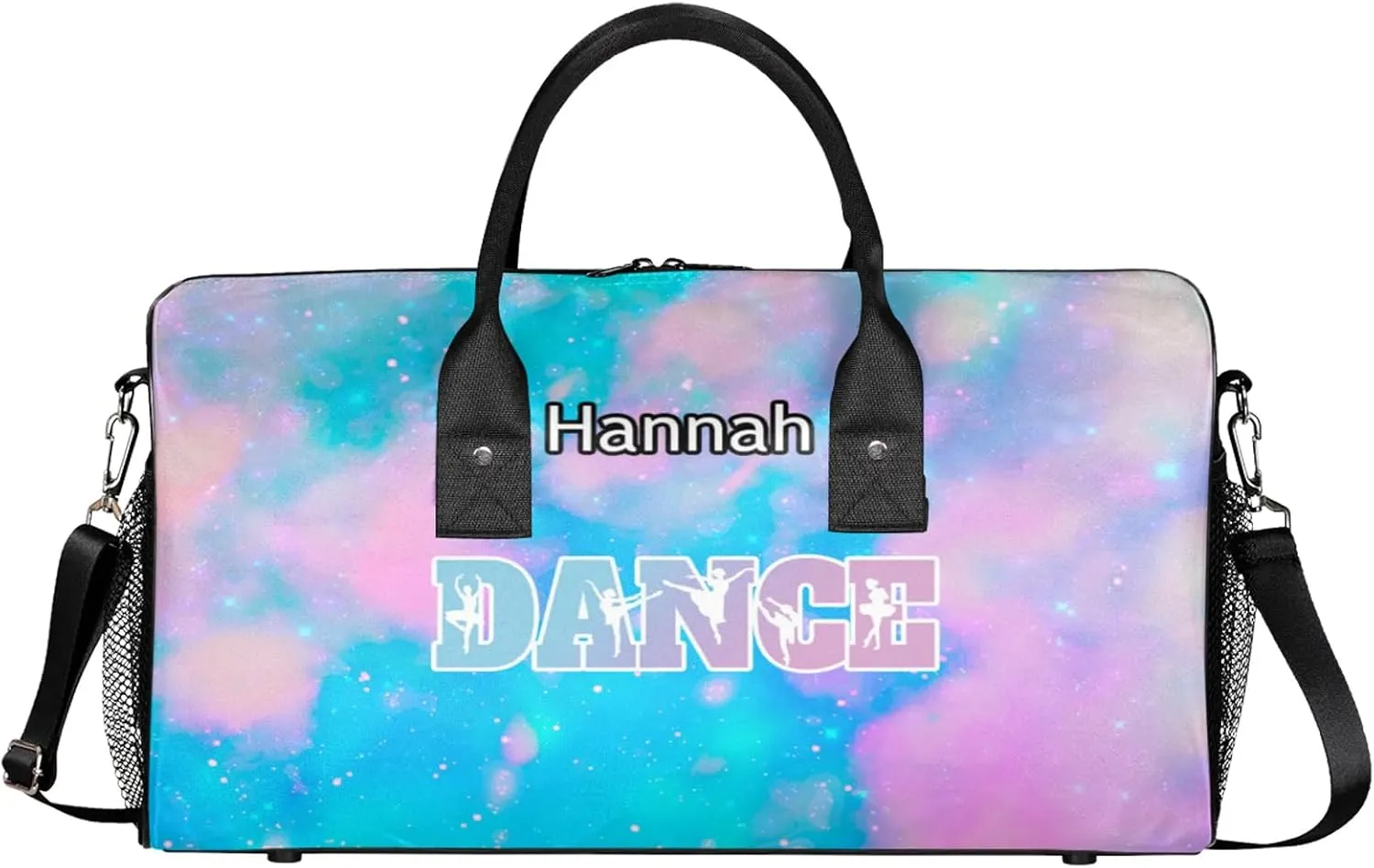 Custom Dance Duffel Bag with Name Personalized Dance Ballet Bags Waterproof Customized Travel Bag Carry-On Tote 17.4in, Blue Pink Glitter