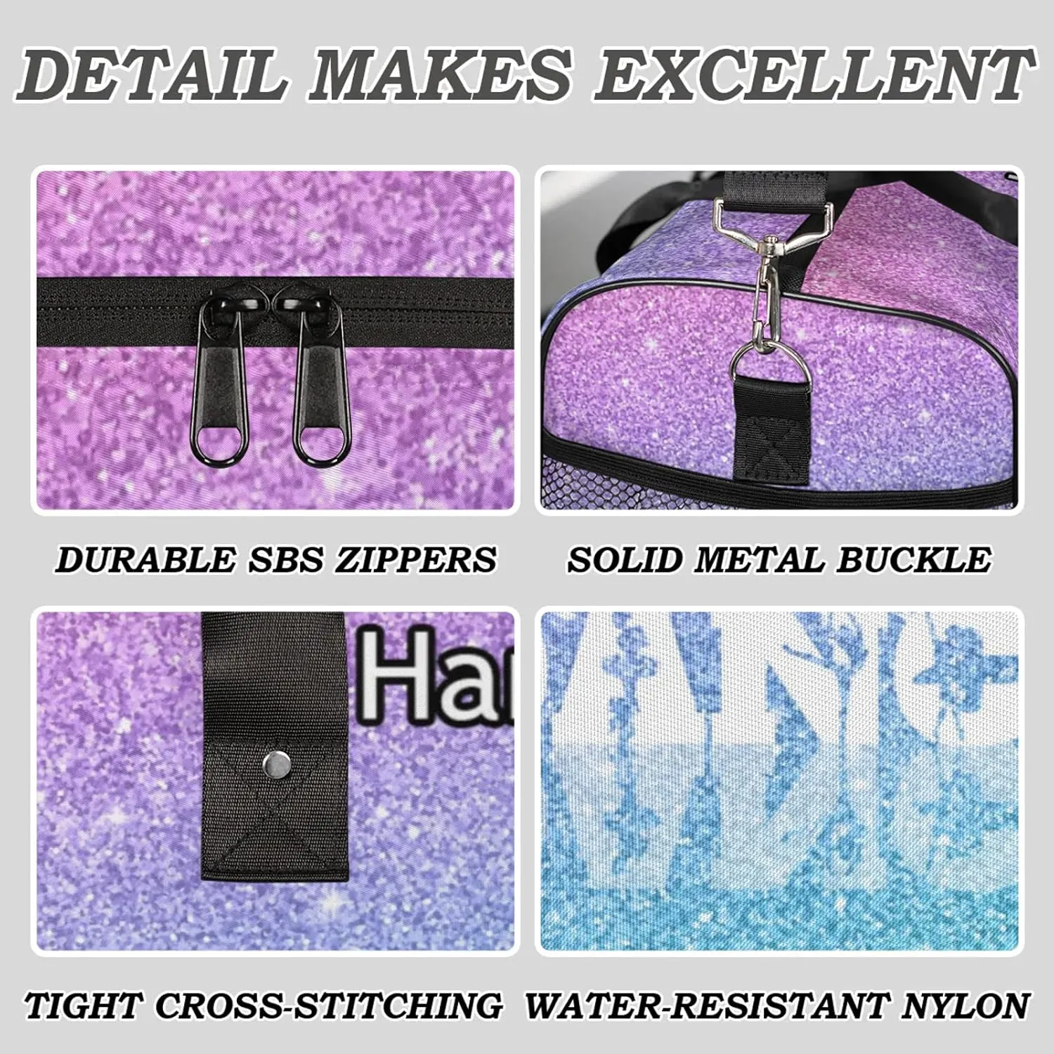 Custom Dance Duffel Bag with Name Personalized Dance Ballet Bags Waterproof Customized Travel Bag Carry-On Tote 17.4in, Blue Purple Glitter