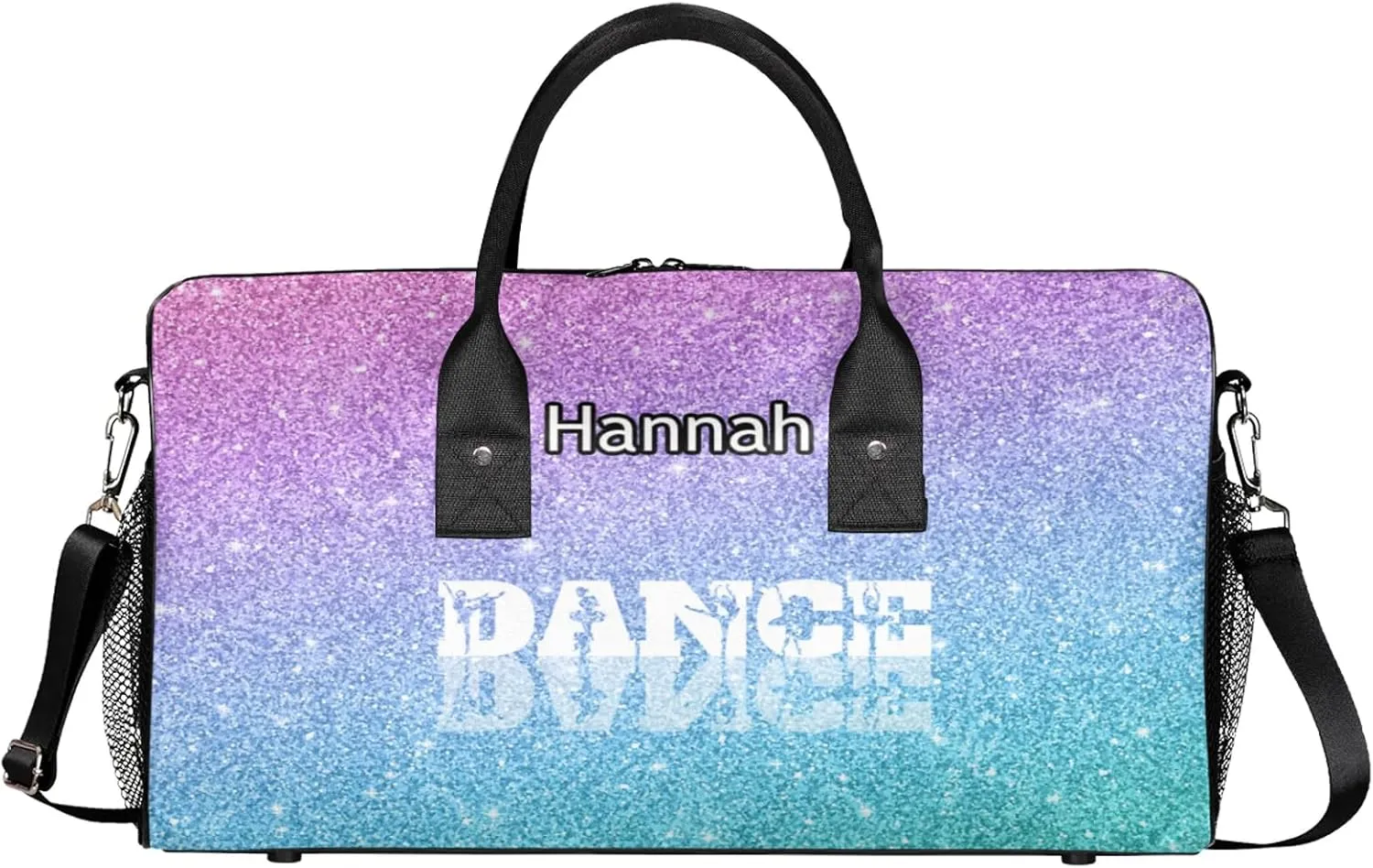 Custom Dance Duffel Bag with Name Personalized Dance Ballet Bags Waterproof Customized Travel Bag Carry-On Tote 17.4in, Blue Purple Glitter