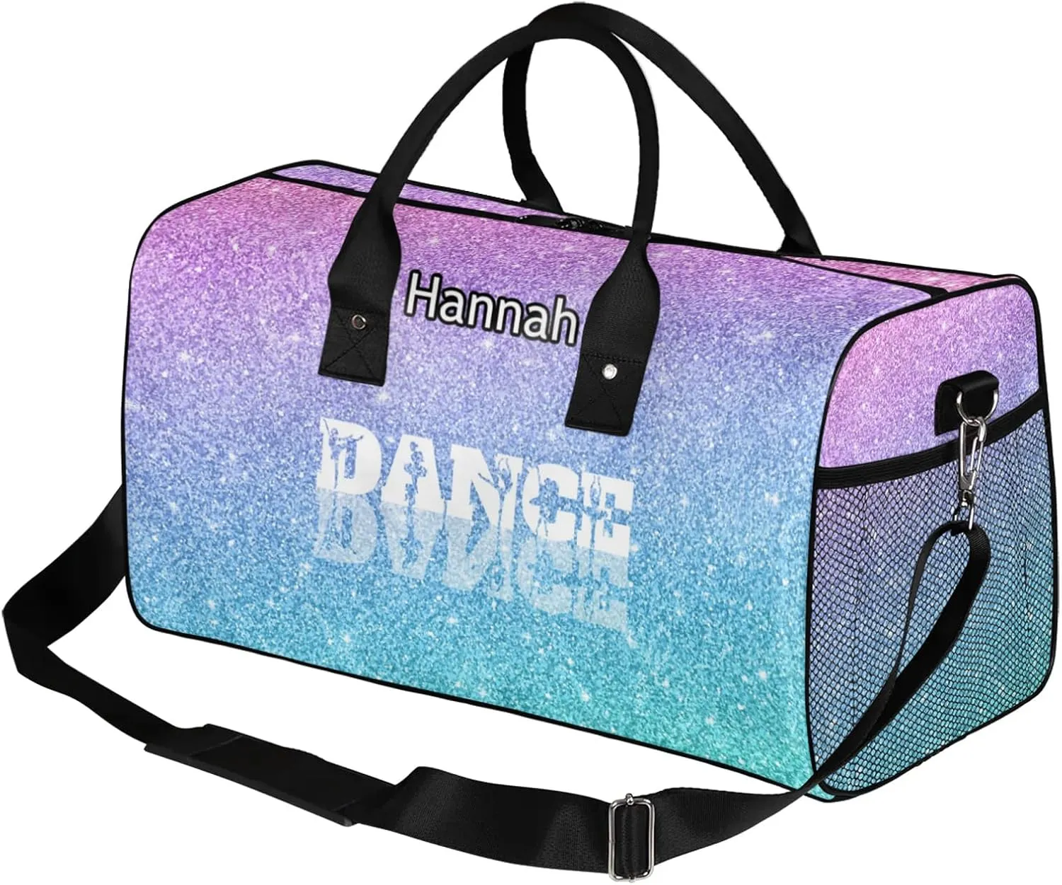Custom Dance Duffel Bag with Name Personalized Dance Ballet Bags Waterproof Customized Travel Bag Carry-On Tote 17.4in, Blue Purple Glitter