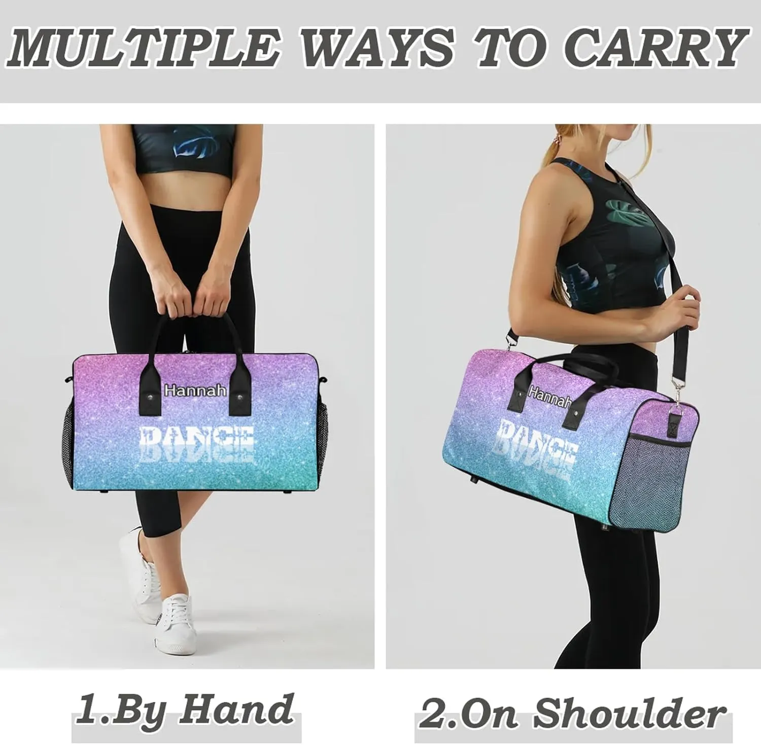Custom Dance Duffel Bag with Name Personalized Dance Ballet Bags Waterproof Customized Travel Bag Carry-On Tote 17.4in, Blue Purple Glitter
