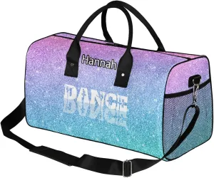 Custom Dance Duffel Bag with Name Personalized Dance Ballet Bags Waterproof Customized Travel Bag Carry-On Tote 17.4in, Blue Purple Glitter
