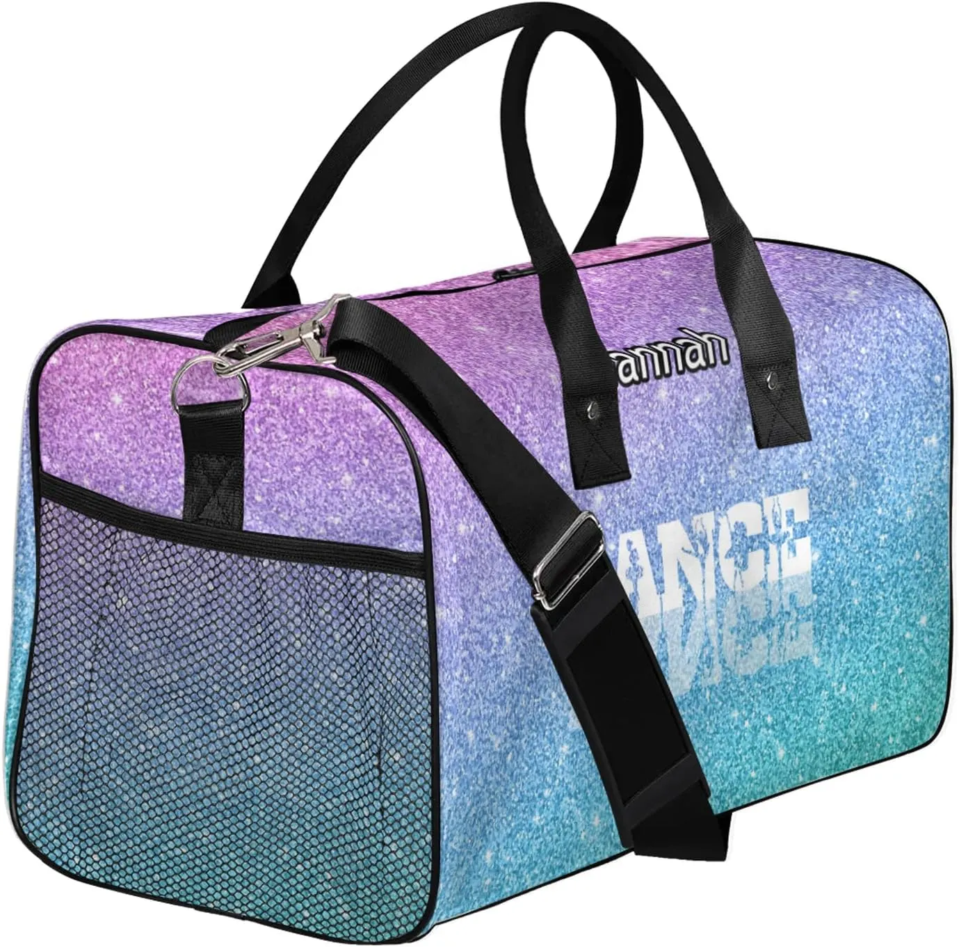 Custom Dance Duffel Bag with Name Personalized Dance Ballet Bags Waterproof Customized Travel Bag Carry-On Tote 17.4in, Blue Purple Glitter