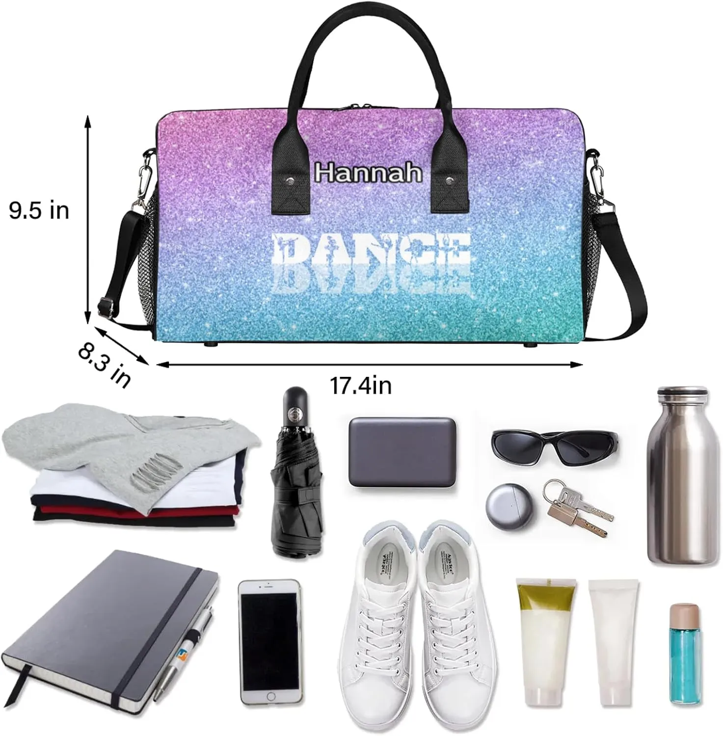 Custom Dance Duffel Bag with Name Personalized Dance Ballet Bags Waterproof Customized Travel Bag Carry-On Tote 17.4in, Blue Purple Glitter