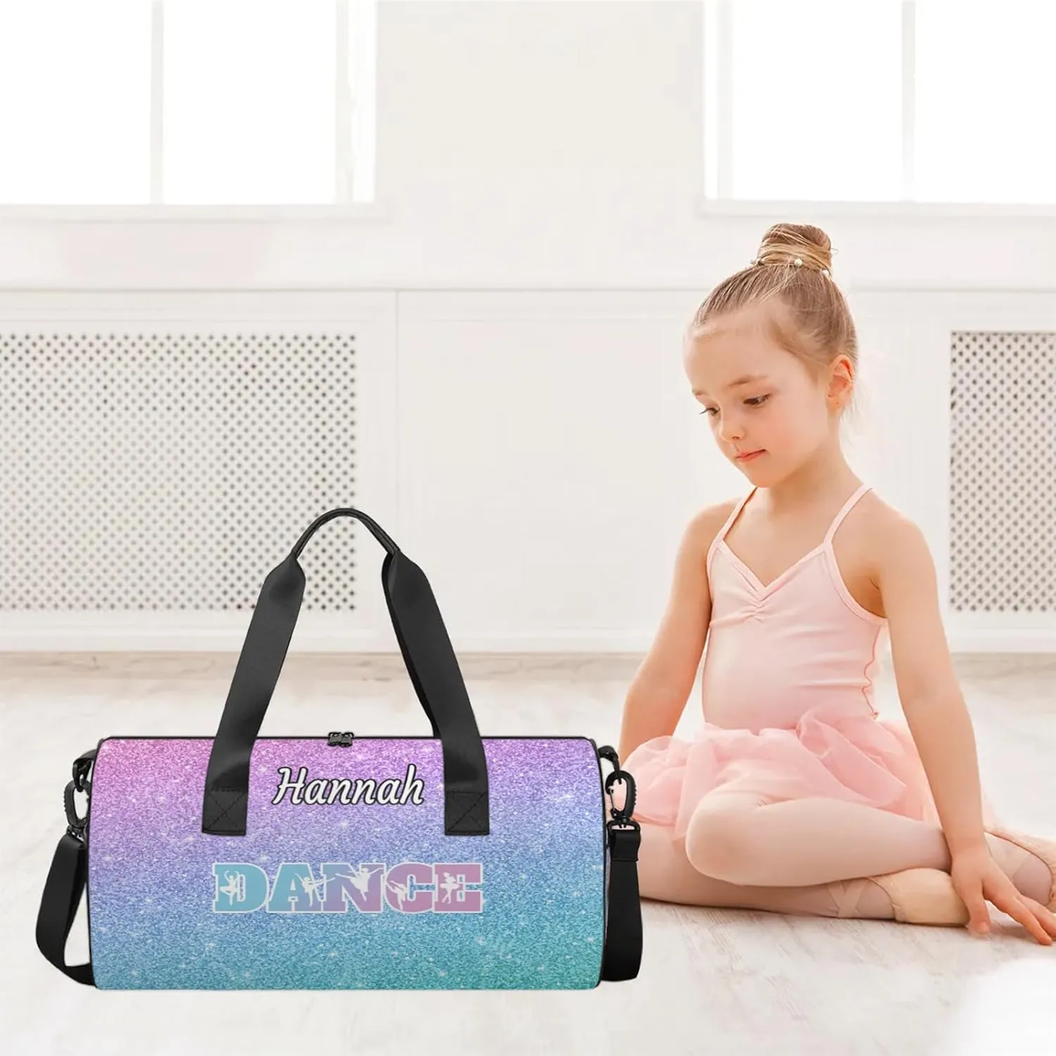 Custom Dance Duffel Bag with Name Round Personalized Dance Ballet Bags Waterproof Customized Travel Bag Carry-On Tote 17.6in, Blue Purple Glitter