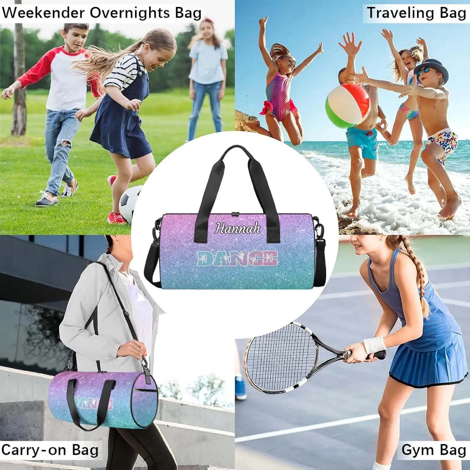 Custom Dance Duffel Bag with Name Round Personalized Dance Ballet Bags Waterproof Customized Travel Bag Carry-On Tote 17.6in, Blue Purple Glitter