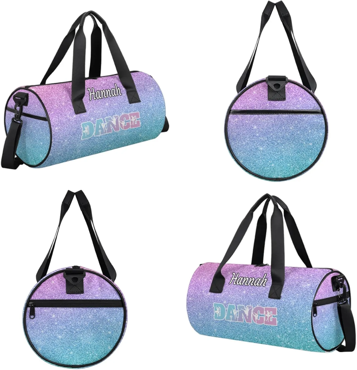 Custom Dance Duffel Bag with Name Round Personalized Dance Ballet Bags Waterproof Customized Travel Bag Carry-On Tote 17.6in, Blue Purple Glitter