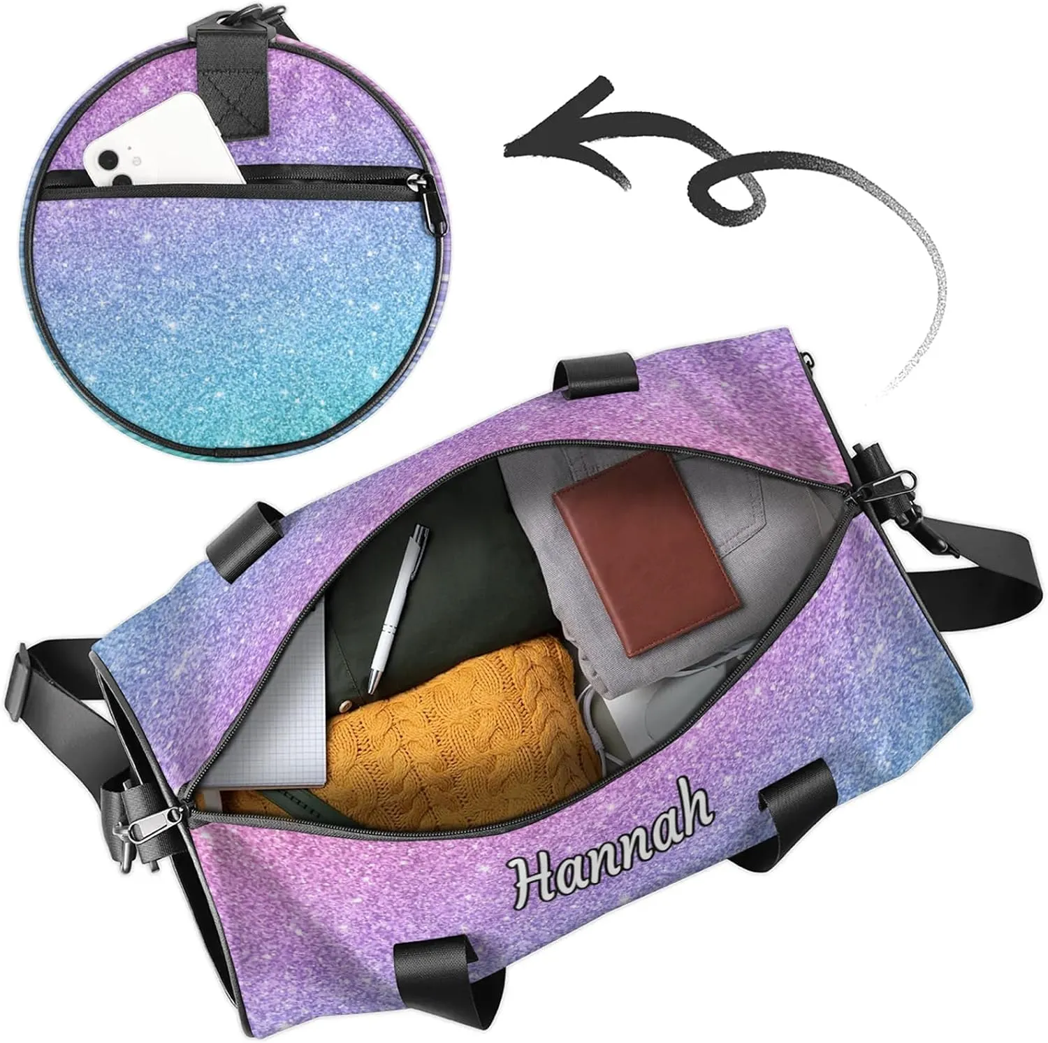 Custom Dance Duffel Bag with Name Round Personalized Dance Ballet Bags Waterproof Customized Travel Bag Carry-On Tote 17.6in, Blue Purple Glitter