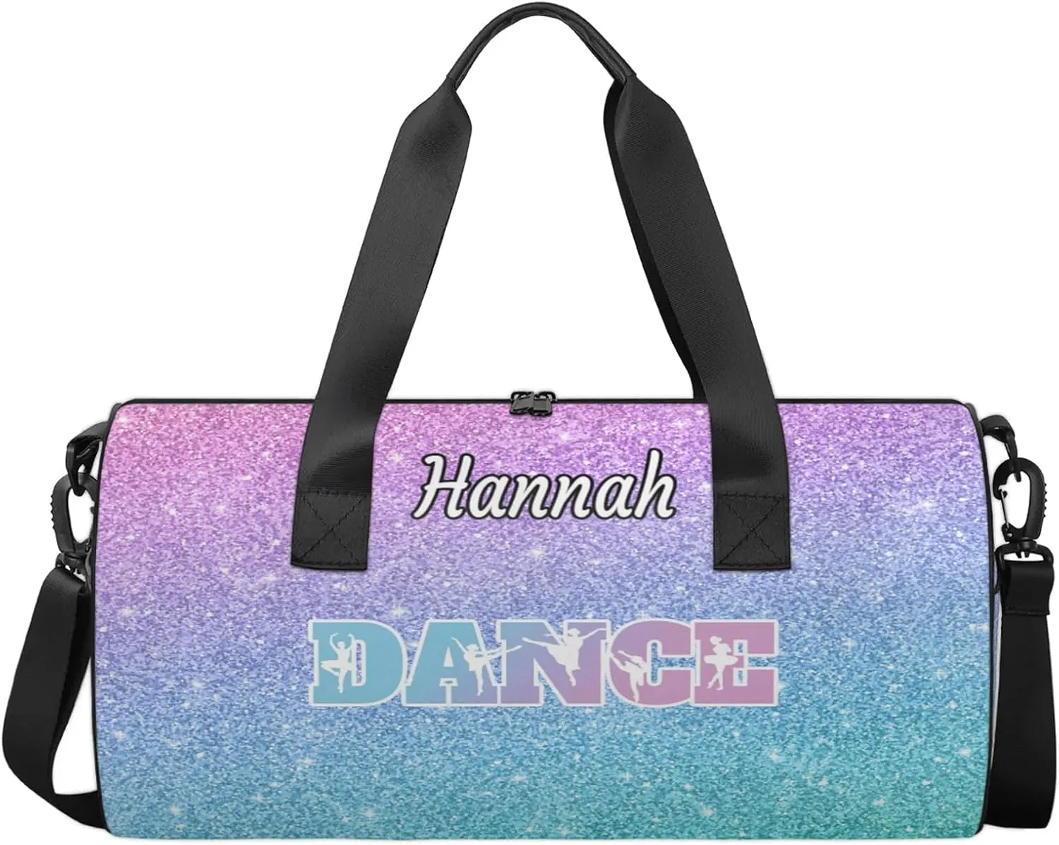Custom Dance Duffel Bag with Name Round Personalized Dance Ballet Bags Waterproof Customized Travel Bag Carry-On Tote 17.6in, Blue Purple Glitter