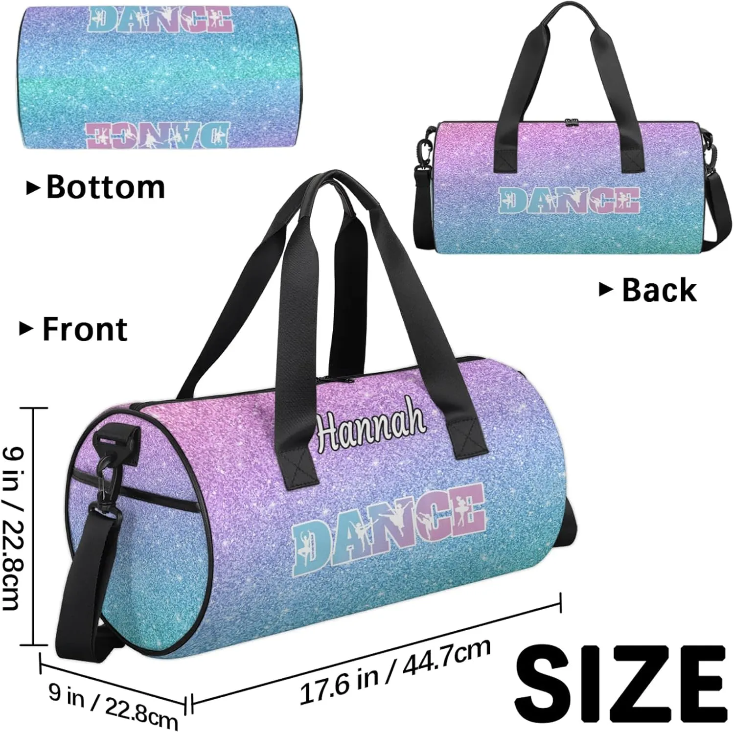 Custom Dance Duffel Bag with Name Round Personalized Dance Ballet Bags Waterproof Customized Travel Bag Carry-On Tote 17.6in, Blue Purple Glitter