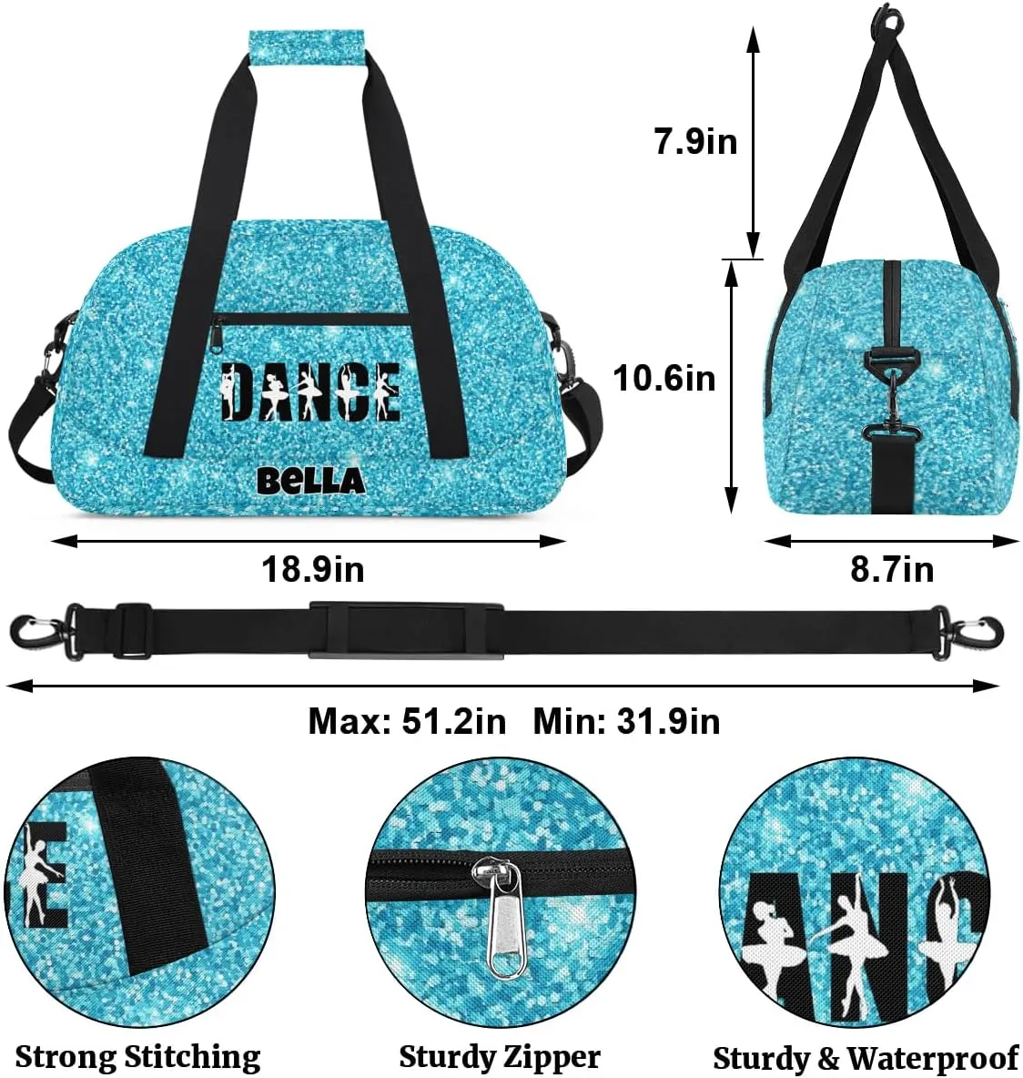 Custom Dance Gym Bag Ballet Personalized Name Sport Duffel Bag for Girls Carry On Overnight Weekender Travel Bag Training Bags, Glitter Blue