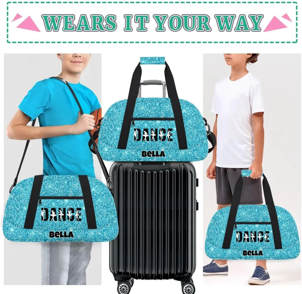 Custom Dance Gym Bag Ballet Personalized Name Sport Duffel Bag for Girls Carry On Overnight Weekender Travel Bag Training Bags, Glitter Blue