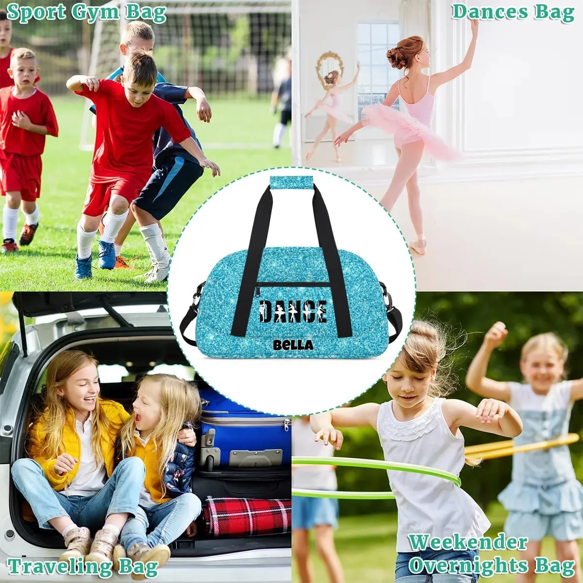 Custom Dance Gym Bag Ballet Personalized Name Sport Duffel Bag for Girls Carry On Overnight Weekender Travel Bag Training Bags, Glitter Blue