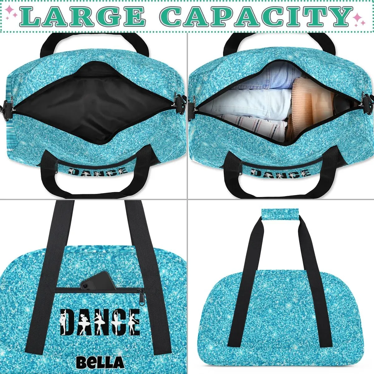 Custom Dance Gym Bag Ballet Personalized Name Sport Duffel Bag for Girls Carry On Overnight Weekender Travel Bag Training Bags, Glitter Blue