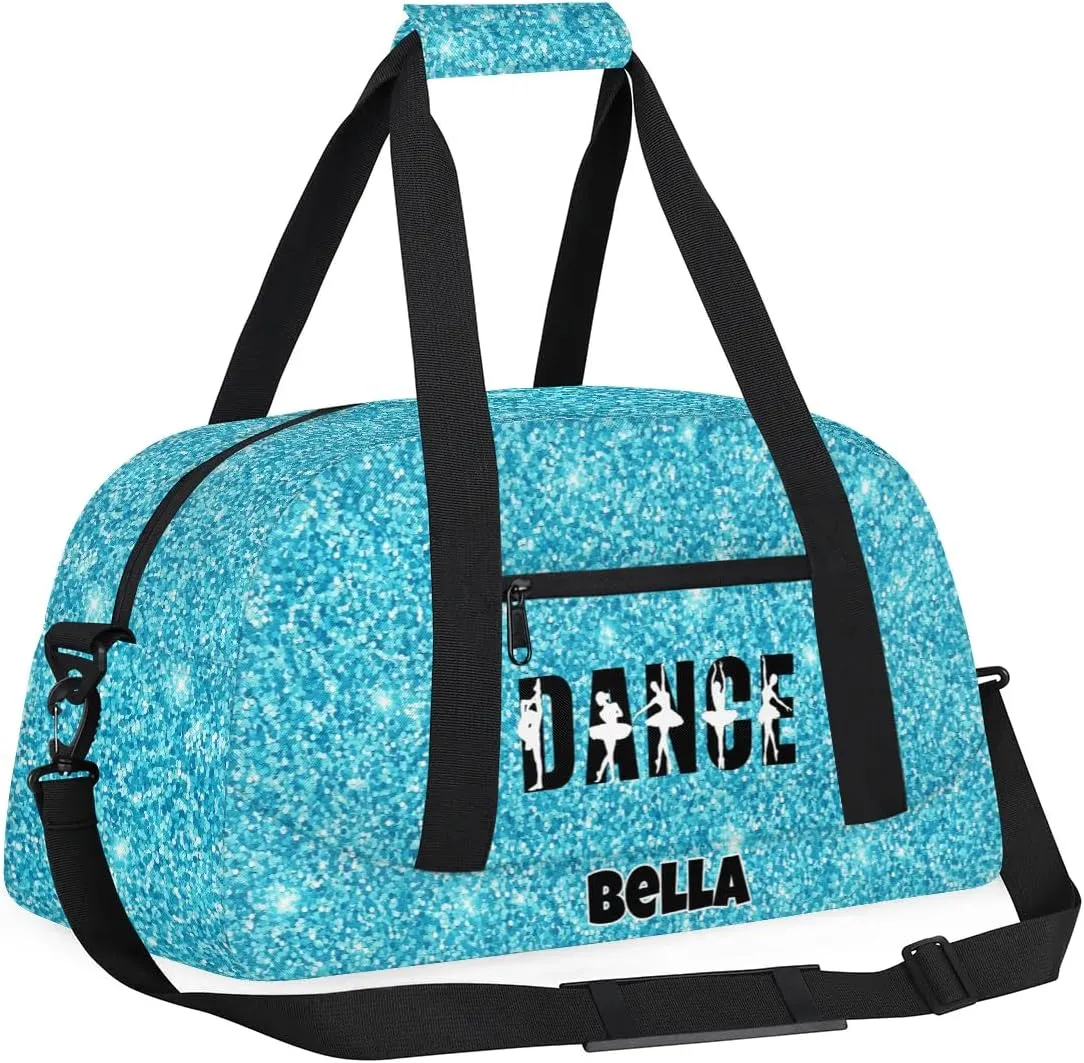 Custom Dance Gym Bag Ballet Personalized Name Sport Duffel Bag for Girls Carry On Overnight Weekender Travel Bag Training Bags, Glitter Blue