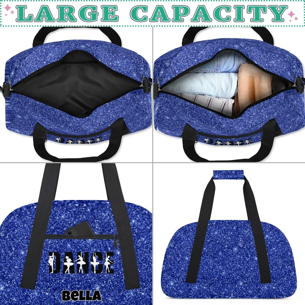 Custom Dance Gym Bag Ballet Personalized Name Sport Duffel Bag for Girls Carry On Overnight Weekender Travel Bag Training Bags, Glitter Navy Blue