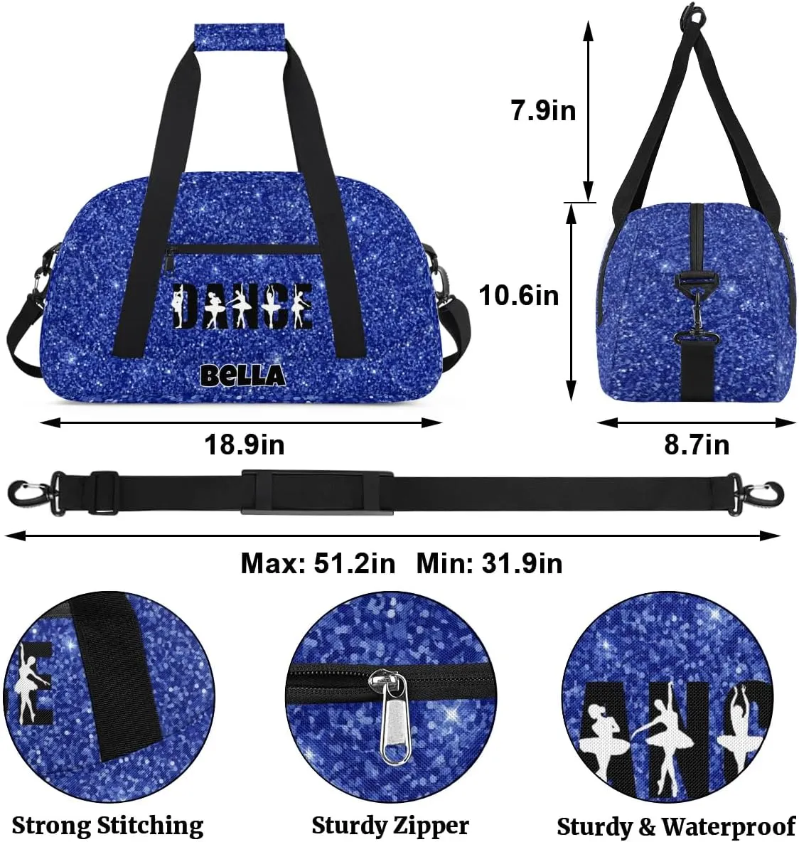 Custom Dance Gym Bag Ballet Personalized Name Sport Duffel Bag for Girls Carry On Overnight Weekender Travel Bag Training Bags, Glitter Navy Blue