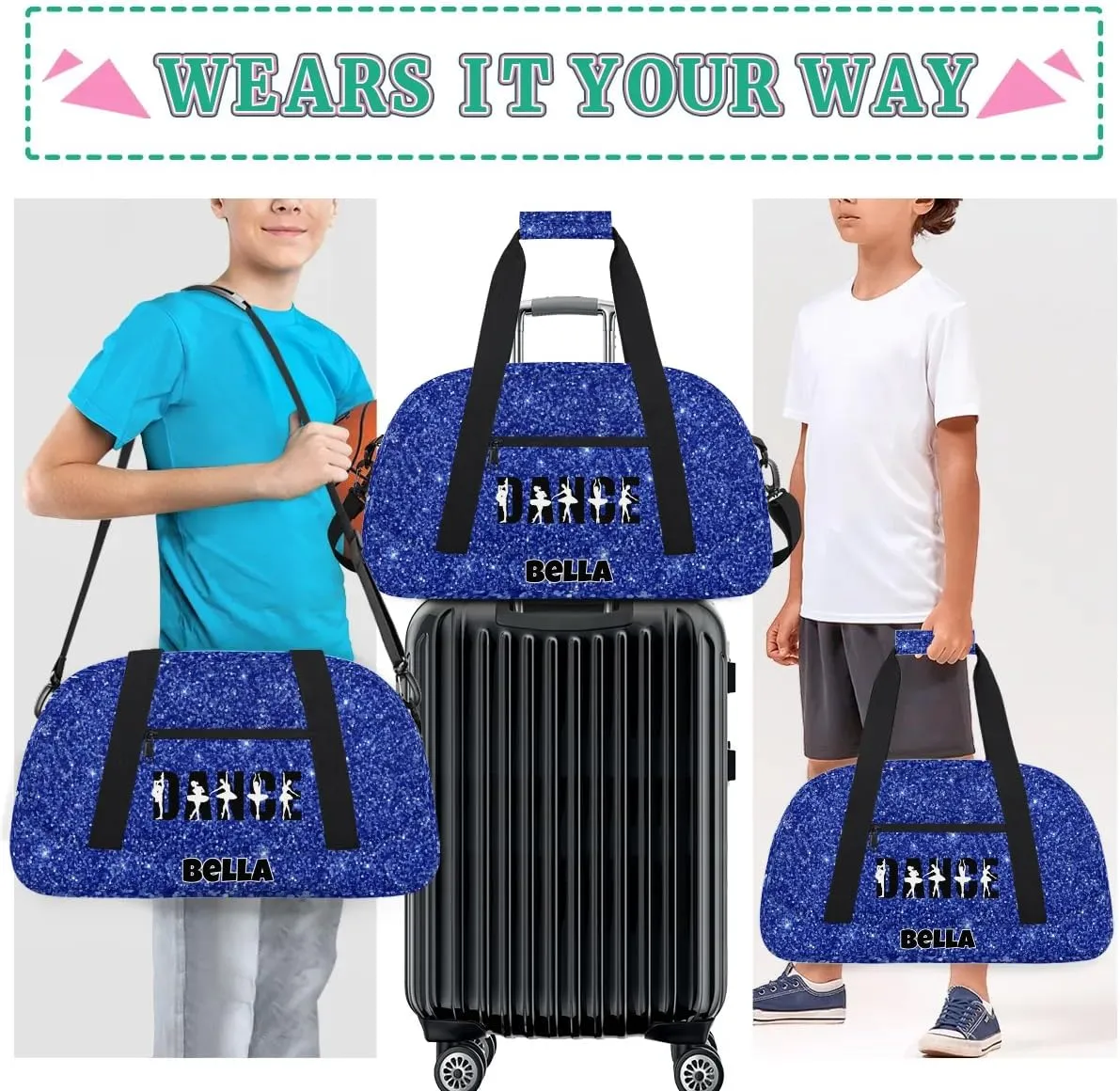 Custom Dance Gym Bag Ballet Personalized Name Sport Duffel Bag for Girls Carry On Overnight Weekender Travel Bag Training Bags, Glitter Navy Blue