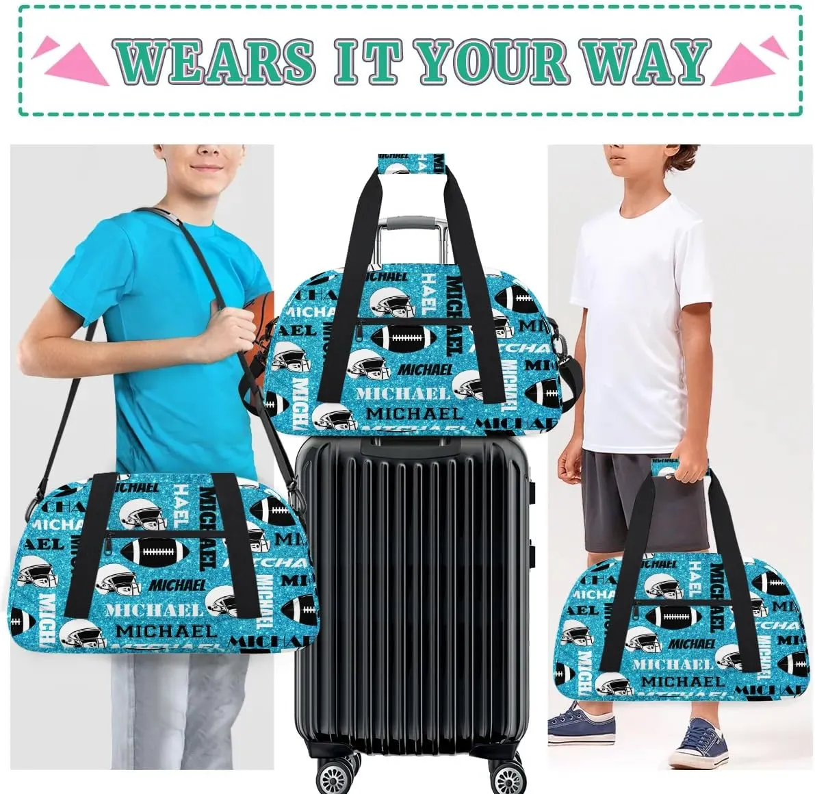 Custom Football Gym Bag Duffel Bag for Women Men, Personalized Sport Bag Overnight Bags Custom Name Travel Weekender Bag, Blue Glitter