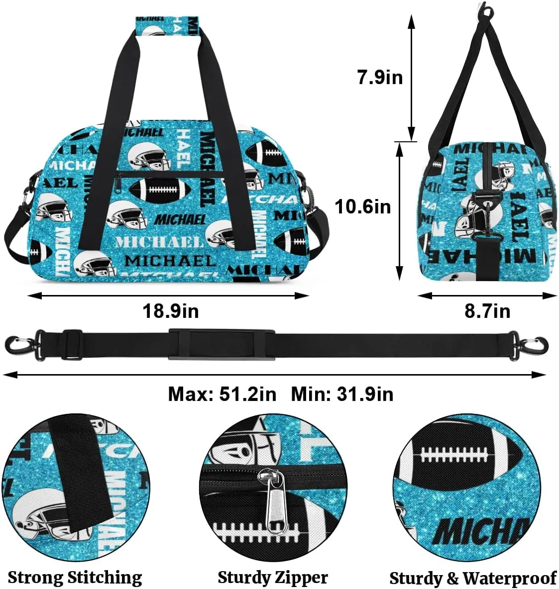 Custom Football Gym Bag Duffel Bag for Women Men, Personalized Sport Bag Overnight Bags Custom Name Travel Weekender Bag, Blue Glitter