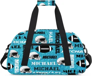 Custom Football Gym Bag Duffel Bag for Women Men, Personalized Sport Bag Overnight Bags Custom Name Travel Weekender Bag, Blue Glitter
