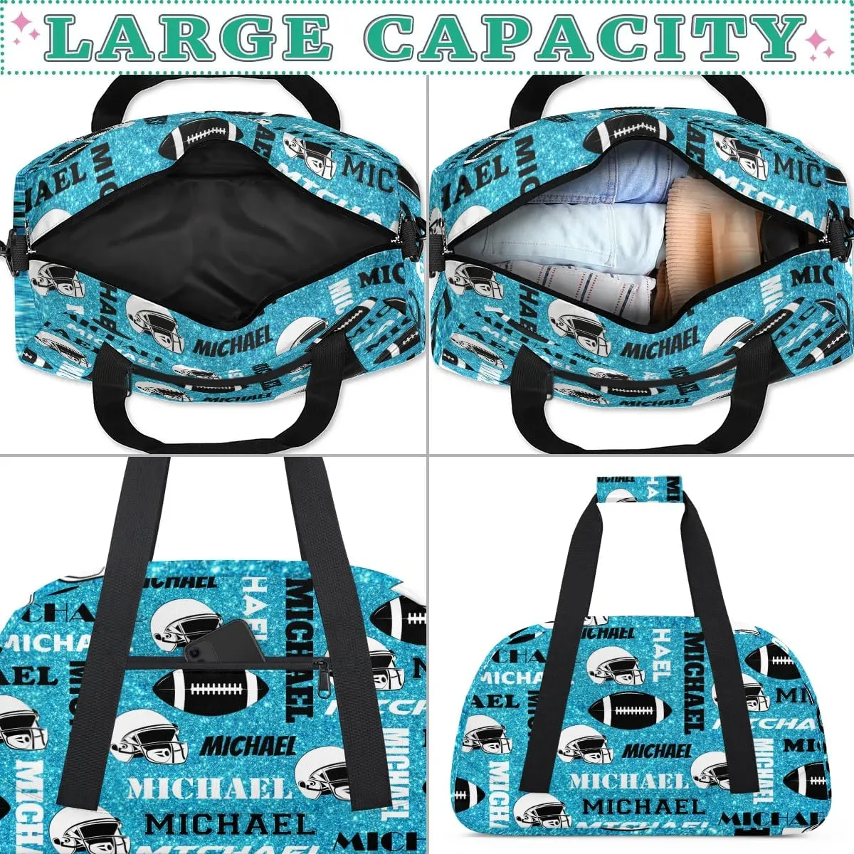 Custom Football Gym Bag Duffel Bag for Women Men, Personalized Sport Bag Overnight Bags Custom Name Travel Weekender Bag, Blue Glitter