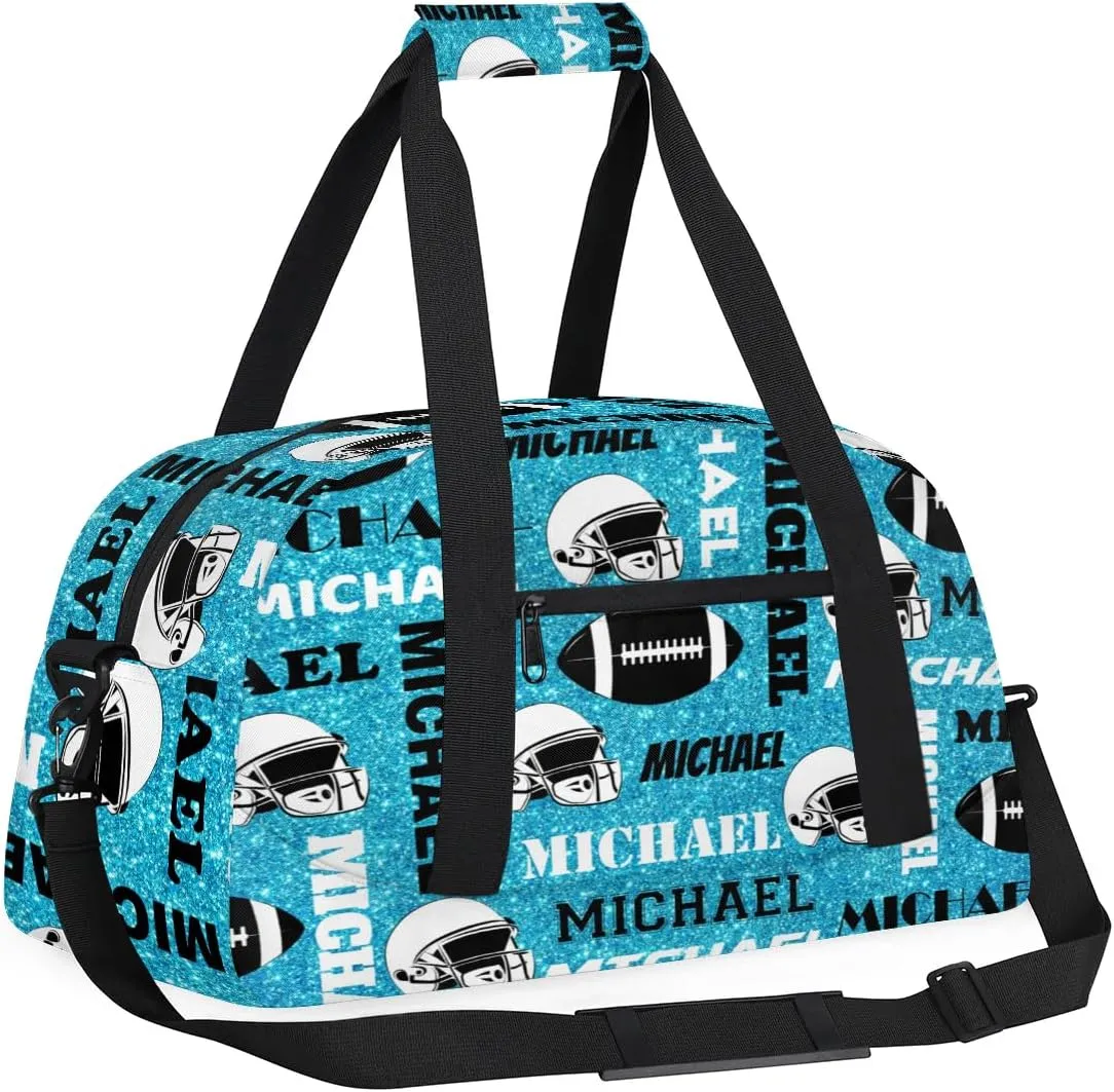 Custom Football Gym Bag Duffel Bag for Women Men, Personalized Sport Bag Overnight Bags Custom Name Travel Weekender Bag, Blue Glitter