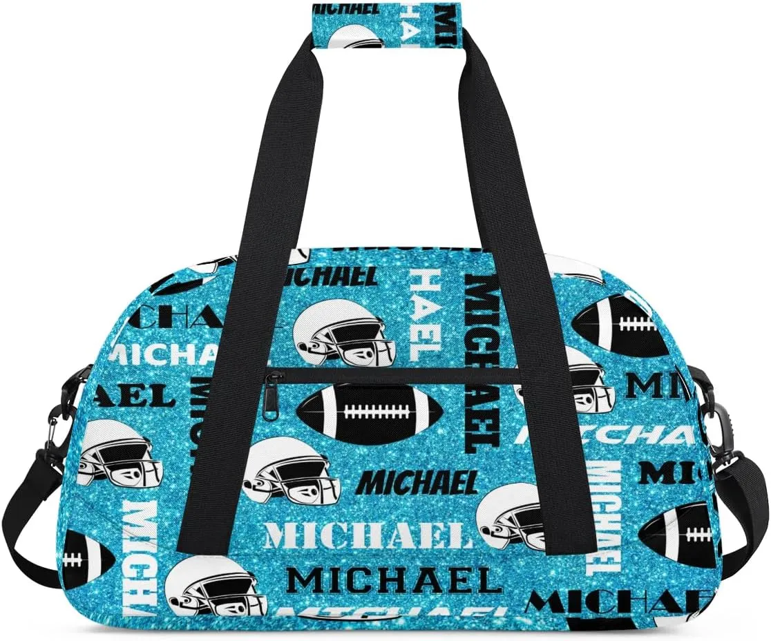Custom Football Gym Bag Duffel Bag for Women Men, Personalized Sport Bag Overnight Bags Custom Name Travel Weekender Bag, Blue Glitter