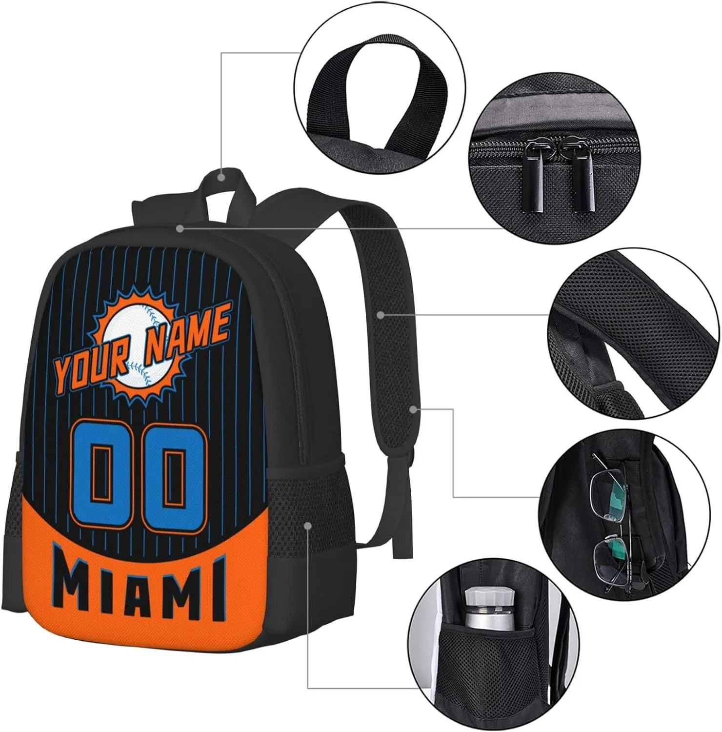 Custom Miami Backpack for Boy Girl Personalized Name Number High Capacity School Backpacks Laptop Bag Casual Travel Backpack Men Women